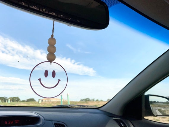 Smile Rear View Mirror Hanging Car Accessory, 3 Inch Round Acrylic Car Charm,  Rearview Mirror Hanger, Retro Vintage Happy Face Charm -  UK