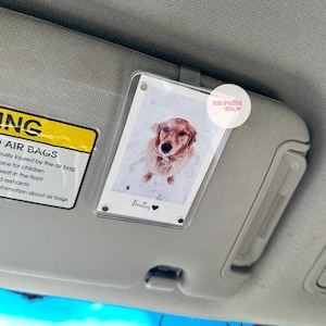 May include: A clear plastic car visor clip with a photo of a golden retriever dog in the snow. The photo has the name "Britus" written on it with a black heart. The clip has a white label with the text "cavella co."