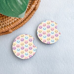 Pastel Smileys Boho Car Coasters, Car Cup Holder Coasters, New Car Gift, Cute Car Accessories, Retro Car Coaster, Aesthetic Car Accessory