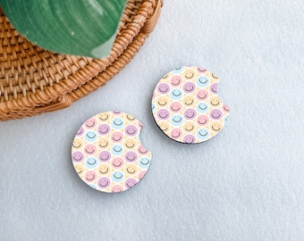 Pastel Smileys Boho Car Coasters, Car Cup Holder Coasters, New Car Gift, Cute Car Accessories, Retro Car Coaster, Aesthetic Car Accessory