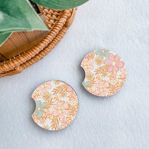 Floral Boho Car Coasters, Car Cup Holder Coasters, New Car Gift, Cute Car Accessories, Retro Flowers Car Coaster, Aesthetic Car Accessory
