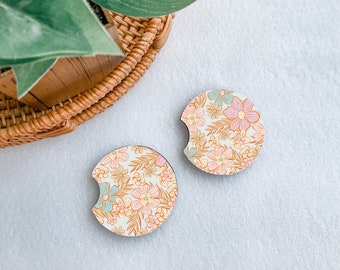 Floral Car Coasters (Set of 2): Retro Boho Car Cup Holder