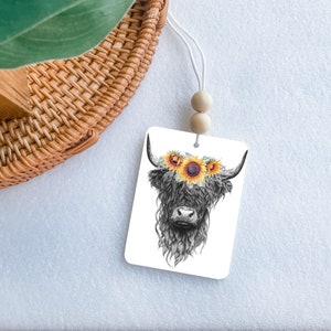Sunflower Highland Cow Western Rear View Mirror Felt Freshie, Double Sided Oil Diffuser, Boho Car Charm, Western Cowgirl Cowboy Car Hanger