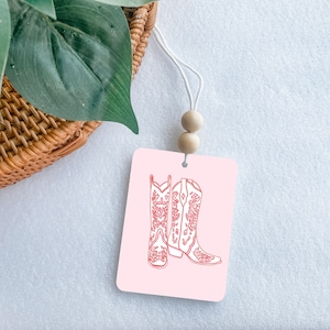 Pink Cowgirl Boots Western Rear View Mirror Felt Freshie, Double Sided Essential Oil Diffuser, Boho Car Charm, Western Cowgirl Car Hanger