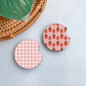 Plaid Strawberry Car Coasters, Car Cup Holder Coasters, New Car Gift, Cute Car Accessories, Retro Car Coaster, Aesthetic Car Accessory