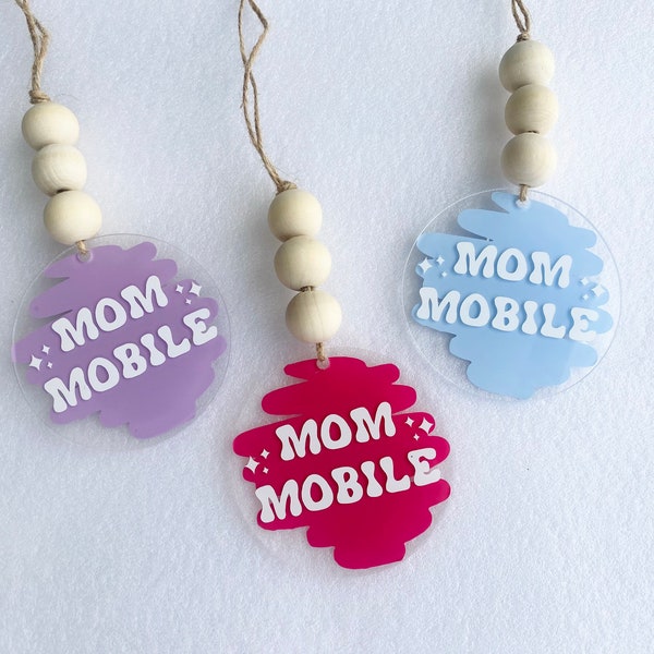 Mom Mobile rear view mirror hanging car accessory, 3 inch round acrylic car charm, car hanger, gift for mom friend, mom car ornament