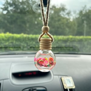 May include: A clear glass car air freshener with a wooden top and a string for hanging. The glass is filled with colorful fruit slices.