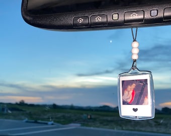 Acrylic photo double sided car charm, custom car decoration, car hanger personalized photo, beaded rear view mirror picture, rearview charm