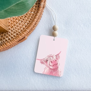 Cute Pink Highland Cow Western Rear View Mirror Felt Freshie, Double Sided Oil Diffuser, Boho Car Charm, Western Cowgirl Cowboy Car Hanger