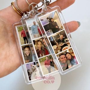 May include: Clear acrylic keychains with multiple photo strips inside, each featuring various color photos of people. The keychains are attached to silver metal rings. A white circular sticker with the text "caveila co." is visible.