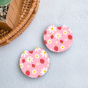 Strawberry Daisy Car Coasters, Car Cup Holder Coasters, New Car Gift, Cute Car Accessories, Retro Car Coaster, Aesthetic Car Accessory