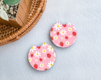 Strawberry Daisy Car Coasters, Car Cup Holder Coasters, New Car Gift, Cute Car Accessories, Retro Car Coaster, Aesthetic Car Accessory