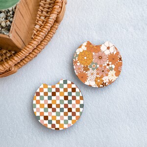 Floral Checkered Car Coasters, Car Cup Holder Coasters, New Car Gift, Cute Car Accessories, Retro Flowers Car Coaster, Aesthetic Car Coaster
