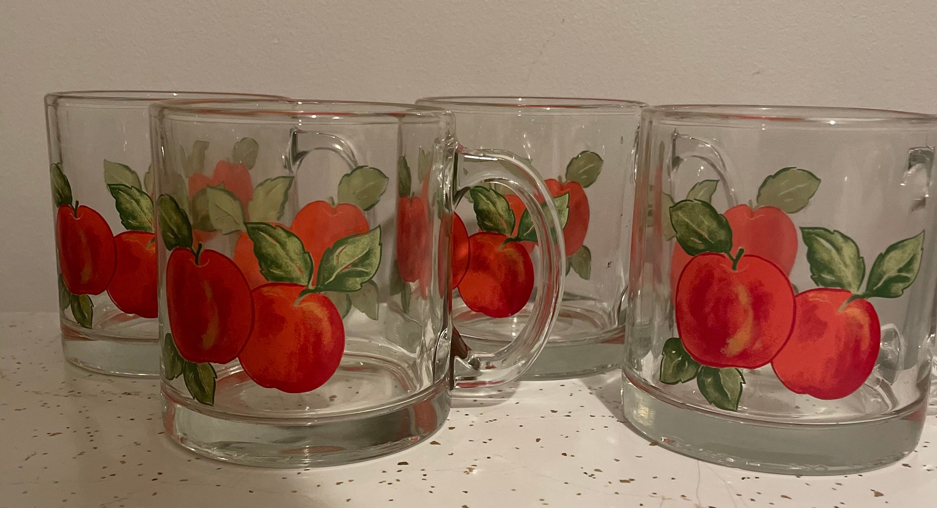 Four Vintage Libbey Made in USA Clear With Red Apples Mugs Great for