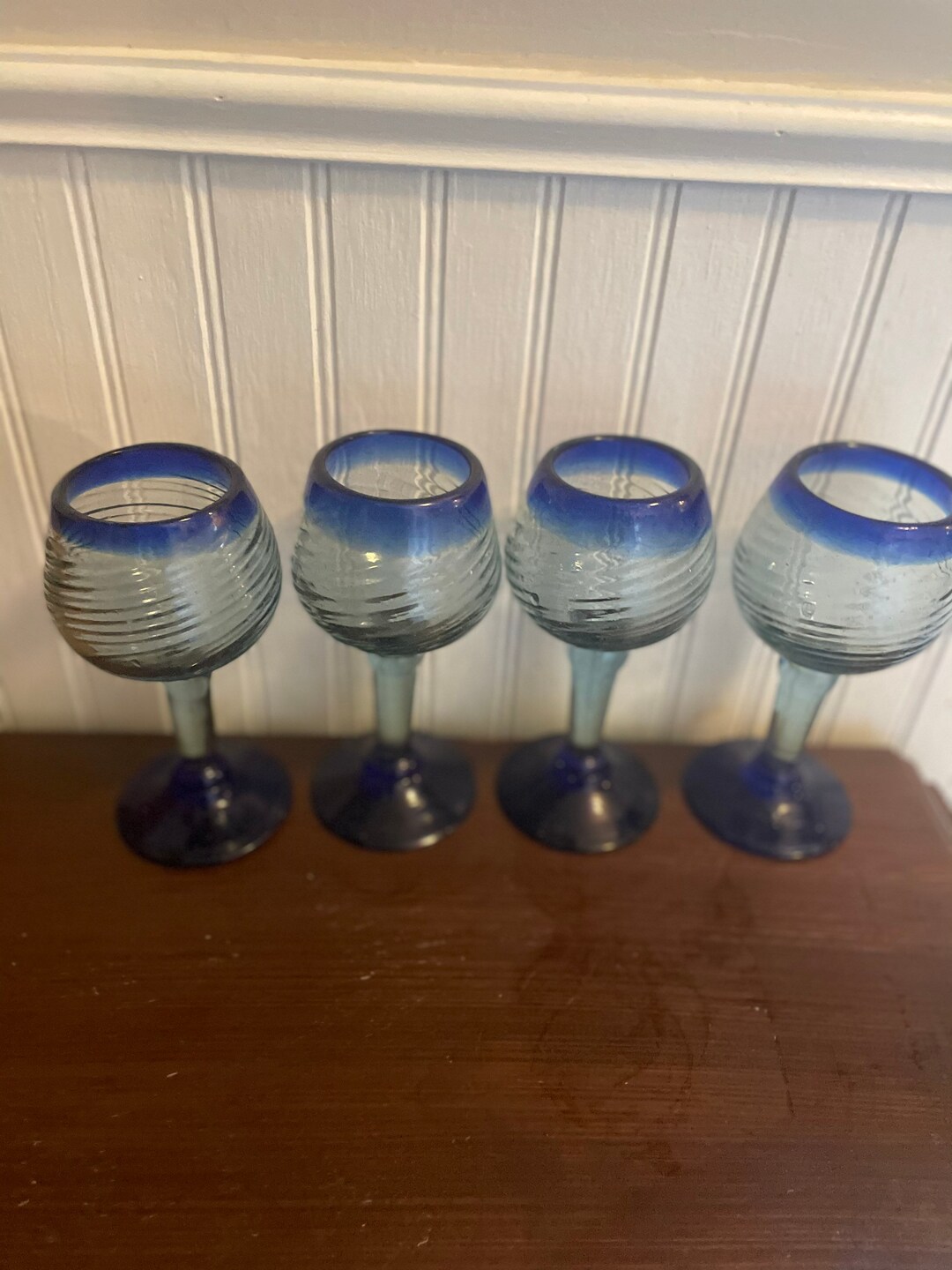 Four Mexican Wine Glasses Swirl With Blue Rims. Rare and Etsy