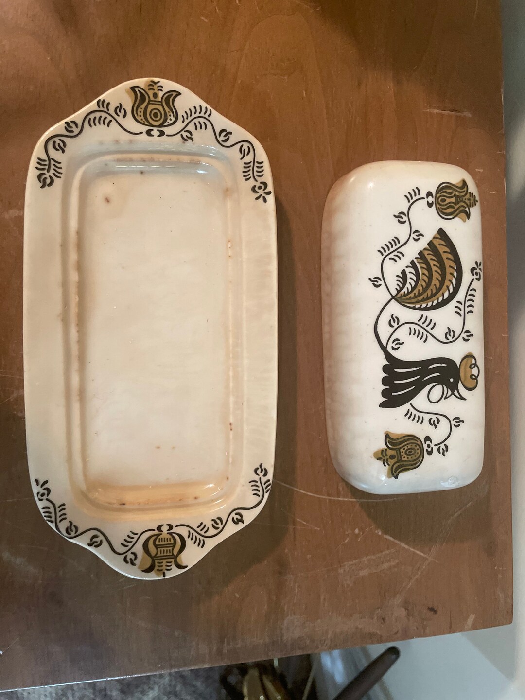 Mid Century Modern Cream Butter Dish With Lid Black Rooster and Hold