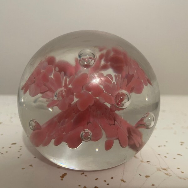 Beautiful original signed hand blown joe Zimmerman 1970’s clear and pink paperweight