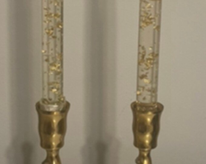 Two Vintage Gold Fleck Lucite Candles With Swirl Possibly Brass Candle