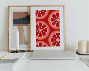 Fruit Print Grapefruit Print, Graphic Illustration Red Downloadable Art Printable
