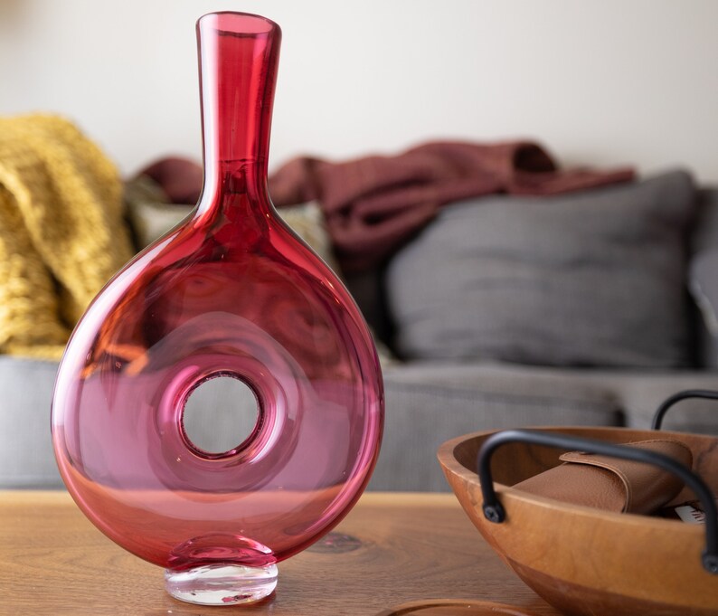 Pink Blown Glass Vase with Hole Handmade Home Decor image 1