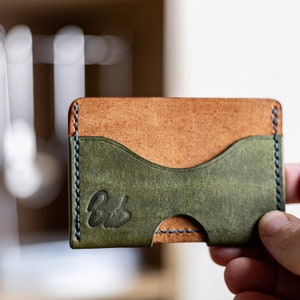 Card Holder Handmade Olive Green and Brown Minimalist Wallet image 1