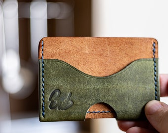 Card Holder- Handmade Olive Green and Brown Minimalist Wallet