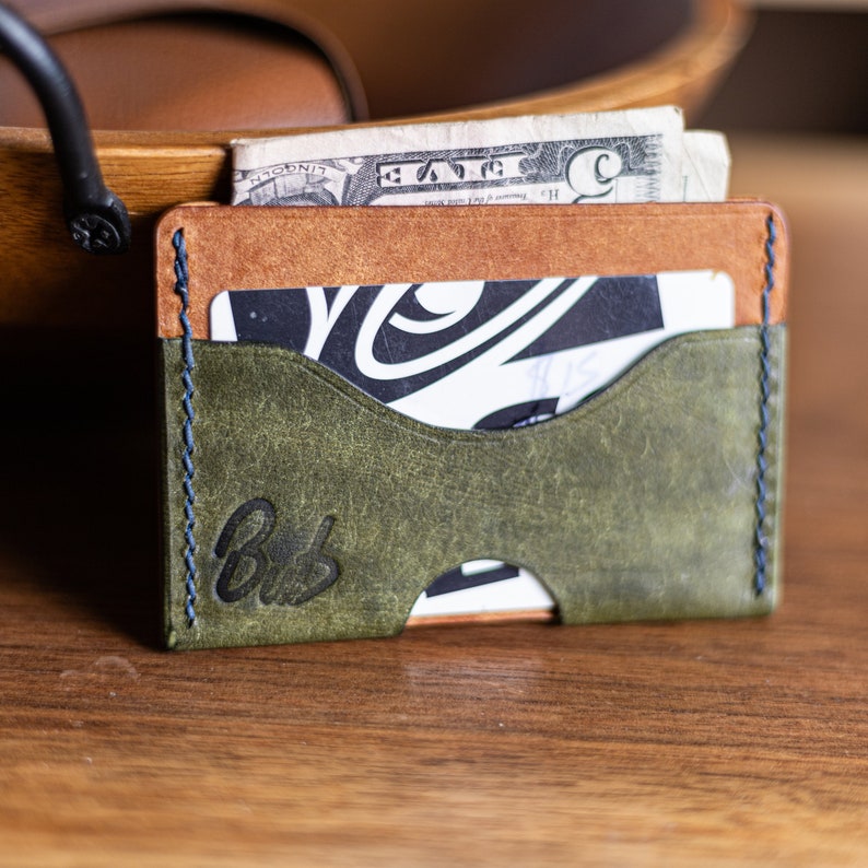 Card Holder Handmade Olive Green and Brown Minimalist Wallet image 5