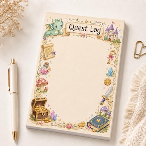May include: A rectangular notepad with a cream-colored center and a decorative border featuring a green dragon, a castle, a scroll, a potion bottle, a mushroom, a treasure chest, a key, a crystal, a sword, and a book. The text Quest Log is printed at the top.