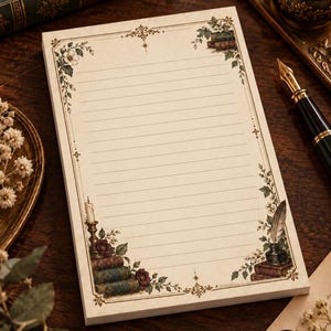 May include: A rectangular notepad with cream-colored lined paper featuring a decorative border. The border includes illustrations of stacked books, a lit candle in a holder, a quill in an inkwell, and floral accents in shades of green and red.