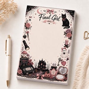 Anteckningsblock för Final Girl 5x7, Horror Lover Stationery, Söt rosa skräckanteckningsblock, Slasher-inspirerad avrivbar anteckningsblock, Spöklik present