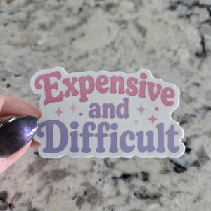 Puede incluir: Una pegatina troquelada con fondo blanco que presenta el texto Expensive and Difficult en una fuente retro. La palabra Expensive es rosa, mientras que las palabras and Difficult son moradas. Pequeñas estrellas rosas y naranjas decoran el texto.