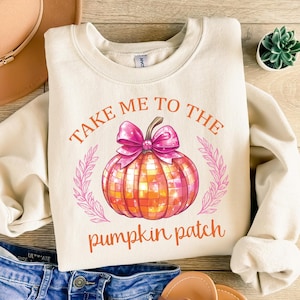 take Me To The Pumpkin Patch PNG, Autumn Harvest Design, retro pumpkin png, retro fall disco pumpkin bow png, coquette bow png