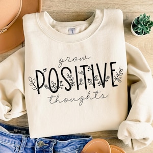 Cultiva pensamientos positivos SVG, Diseño inspirador para la salud mental, Buenas vibras SVG, Arte floral retro, Estilo bohemio