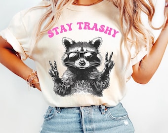 Stay Trashy Raccoon PNG, Funny Animals Digital Download, Retro Sublimation Design, Trash Panda Art