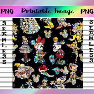 Digital Character Mashup Seamless Design, Mickey, Minnie, Cinderella, Tinkerbell, Alice, Princess, Classic, PNG, Printable Image, Pattern