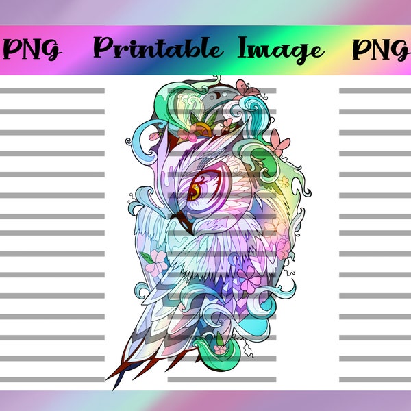 Watercolor Pastel Colorful Wild Animal Owl Digital Image PNG. Waterslide, Sublimation, Majestic. Birds, Sticker, Printable Decal, Wings