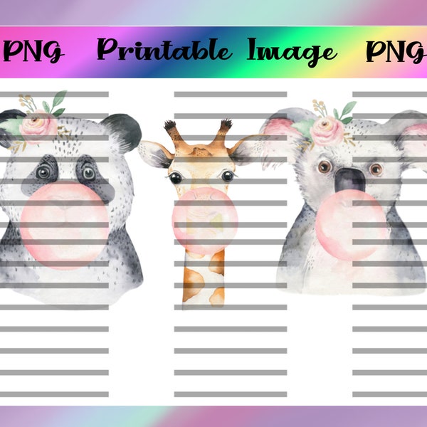 Adorable Baby Animals Chewing Bubble Gum Digital Image PNG, Waterslide, Sublimation, Decal, Printable, Panda, Giraffe, Koala Bear, Nursery