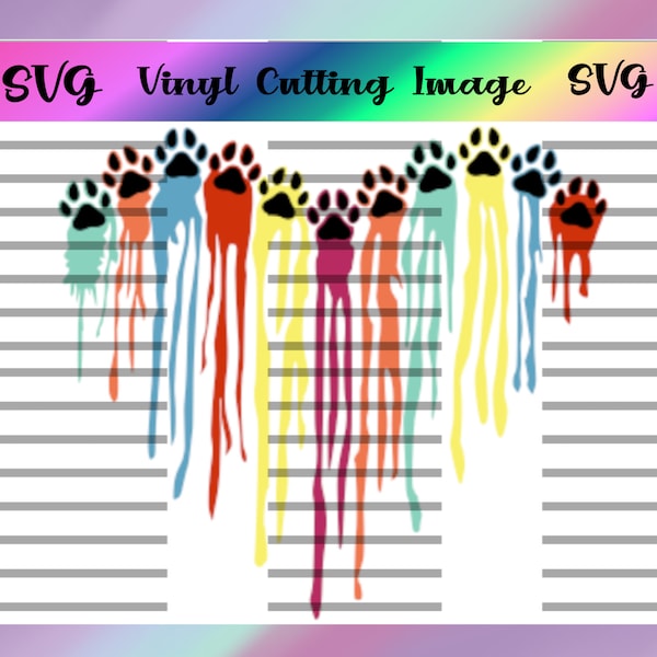 Dripping Paw Print Heart Digital Cut File SVG, Toboggan aquatique, Sublimation, Animal, Chien, Chat, Pattes, Amoureux des animaux, Coloré