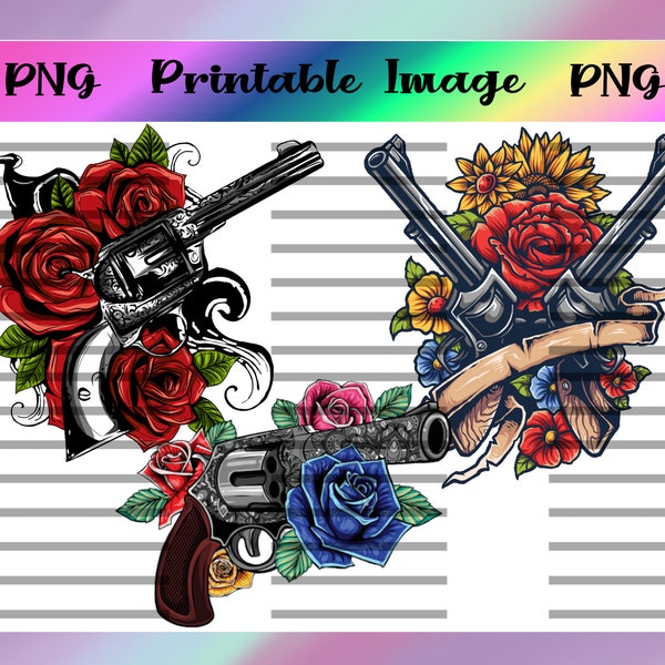 Guns And Roses Digital Image Bundle PNG, Hand Gun, Pistol, Waterslide, Sublimation, Decal, Printable, Red, Blue Flowers, Decorative Guns