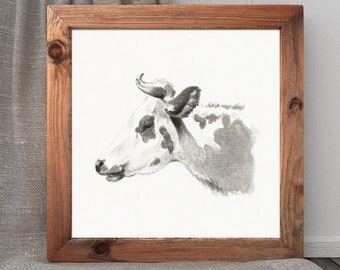Vintage Dairy Cow Profile Art Print | Western Rustic Cowboy Bovine Wall Art Poster Sign | Digital Download Printable Minimal Wall Decor