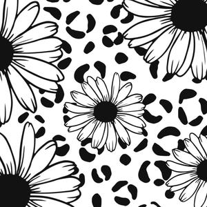 May include: A black and white graphic pattern featuring multiple daisy flowers with solid black centers and white petals, layered over a repeating leopard print background consisting of scattered black organic shapes on a white surface.