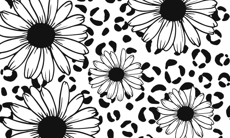 May include: A black and white graphic pattern featuring multiple daisy flowers with solid black centers and white petals, layered over a repeating leopard print background consisting of scattered black organic shapes on a white surface.