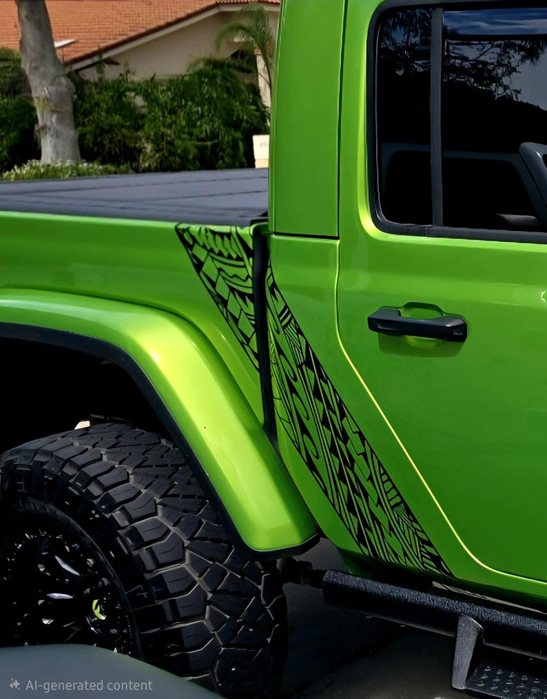 May include: A bright lime green pickup truck featuring a black tribal-style graphic decal applied to the side panel between the door and the rear wheel well. The vehicle includes a black door handle, a black bed cover, and a large off-road tire.