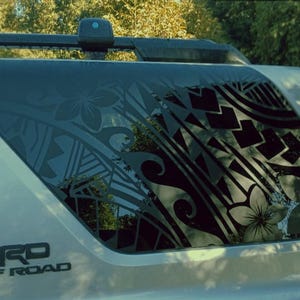 Polynesian Tribal Flower Car Decal, Hibiscus Flower Window Sticker for vehicle, Hawaiian Vinyl Graphics, Side Window Decal Trim to Fit