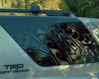 Polynesian Tribal Flower Car Decal, Hibiscus Flower Window Sticker for vehicle, Hawaiian Vinyl Graphics, Side Window Decal Trim to Fit