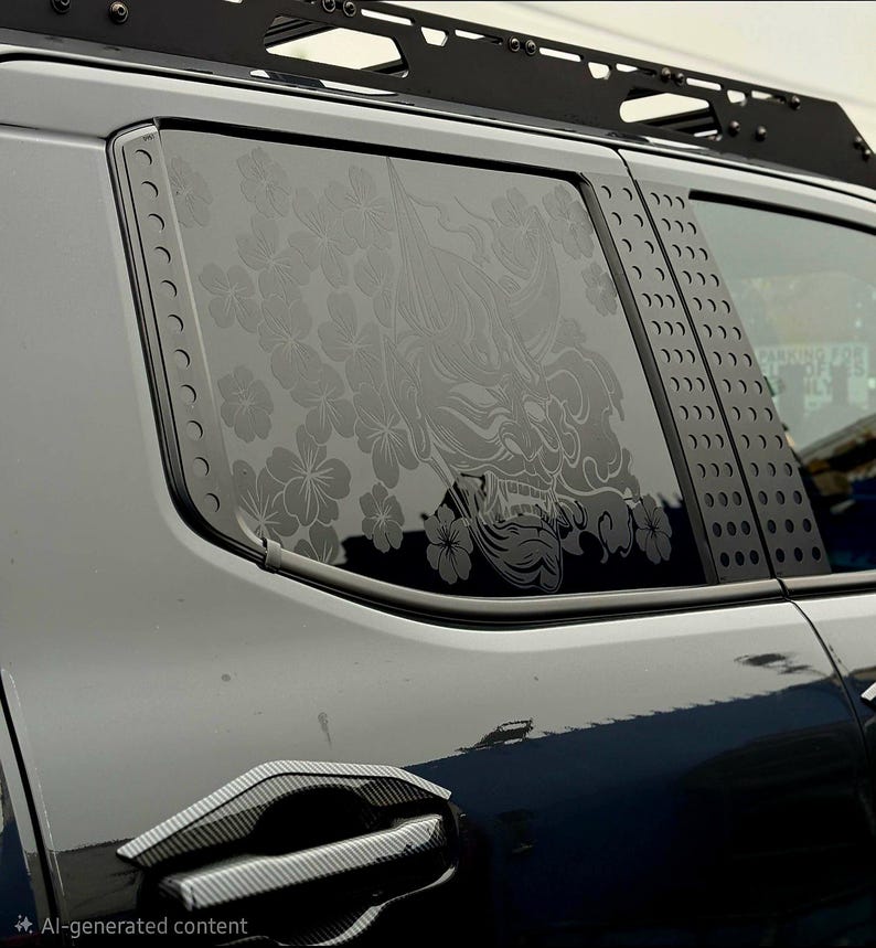 May include: A dark gray vehicle window decal featuring a detailed Hannya mask surrounded by cherry blossom flowers. The decal is applied to the rear side window of a vehicle, which also features black metal pillar trim and a roof rack system.