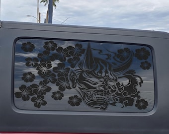 Oni Hannya Mask Car Window Decal, Japanese Folklore Vinyl Sticker, Trim-to-Fit SUV Graphic