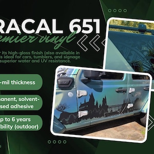 May include: Oracal 651 premier vinyl with 2.5-mil thickness and permanent solvent-based adhesive. The graphic shows black vinyl decals applied to a vehicle, featuring a landscape silhouette on the door and a tribal pattern on the window.