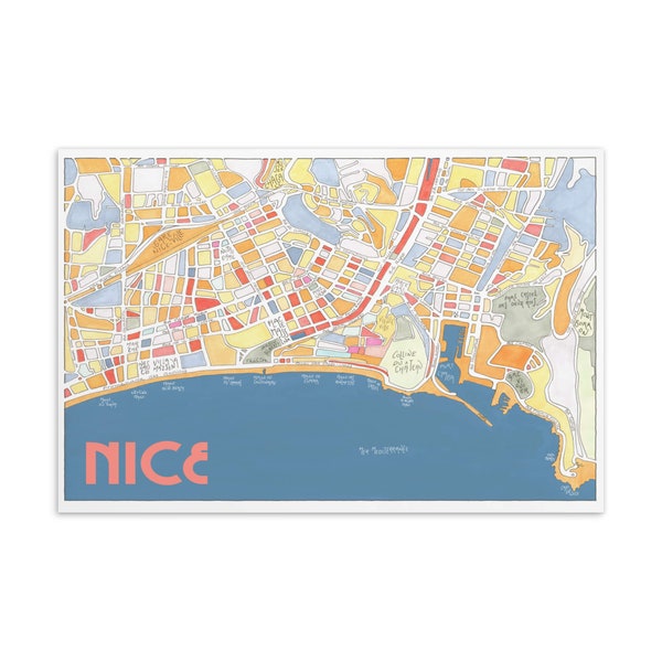 Postcard Map of NICE, FRANCE Handmade illustration