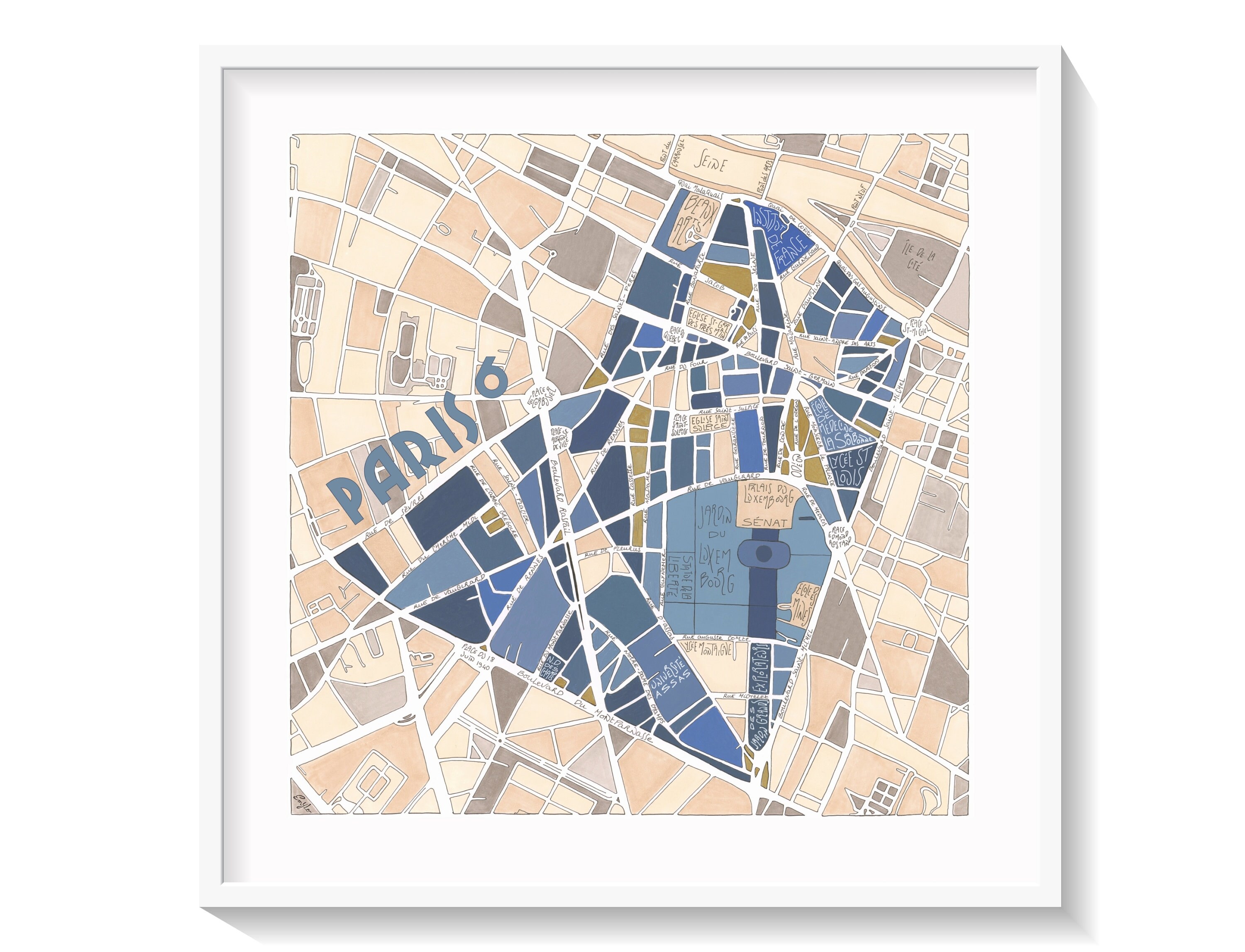 Poster City Map of PARIS 6th district Wall Art